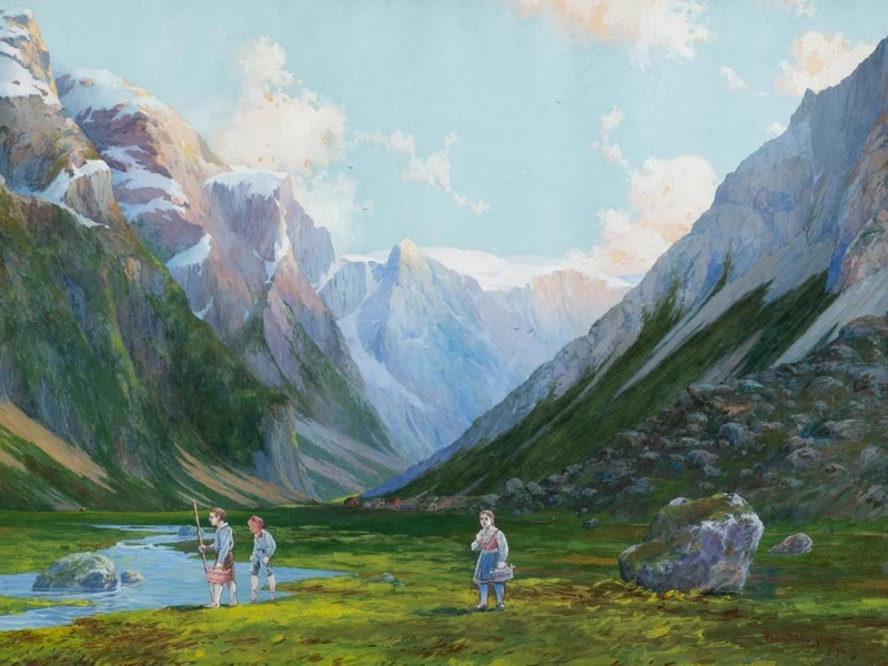 1877-Benjamin Blessum - Paesaggio montano con figure